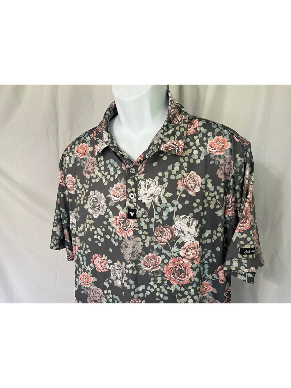 Bad Birdie Men's Green Pink Gray Floral Golf Polo Shirt XL EUC